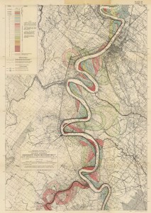Sheet 15 of Harold Fisk’s geological investigation of the Mississippi River alluvial valley, “Ancient courses Mississippi Meander Belt,” 1944.