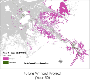 Future land loss (red) and land gain (green) without restoration projects, Coastal Protection and Restoration Authority, 2015.