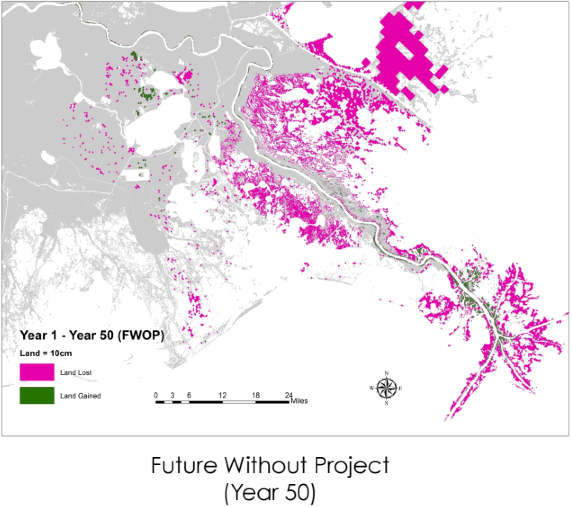 Future land loss (red) and land gain (green) without restoration projects, Coastal Protection and Restoration Authority, 2015.