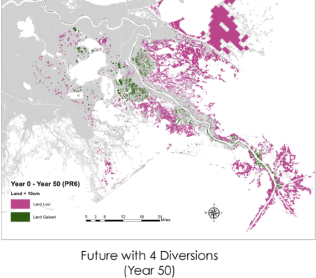 Future land loss (red) and land gain (green) with four sediment diversions, Coastal Protection and Restoration Authority, 2015.